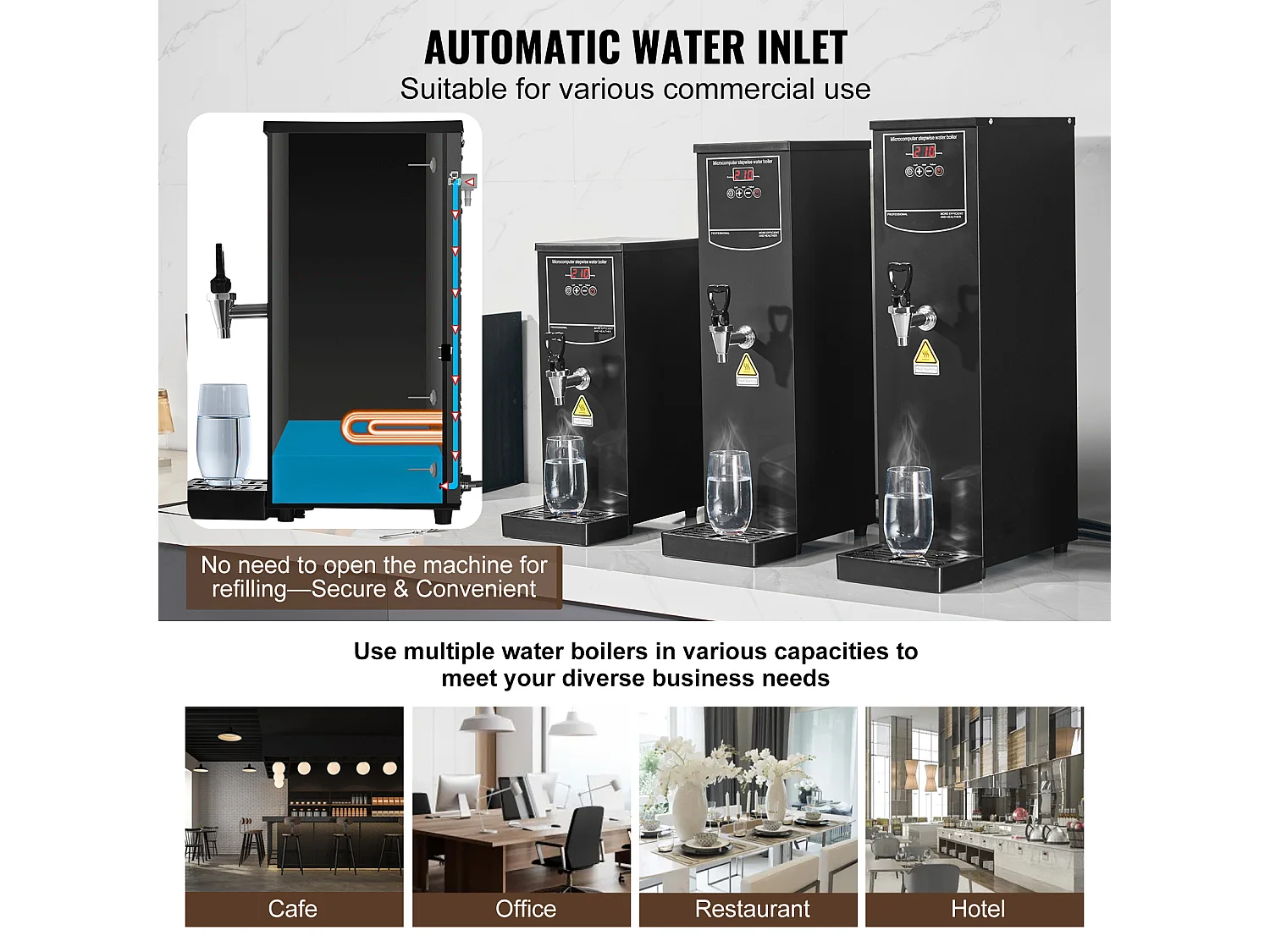 Fontaine à Eau SucceBuy Chauffe-eau commercial SucceBuy, 2500 W, débit 50 L/H, 10 L, pour restaurants et bureaux, 187 x 247 x 496 mm, 4,7 kg