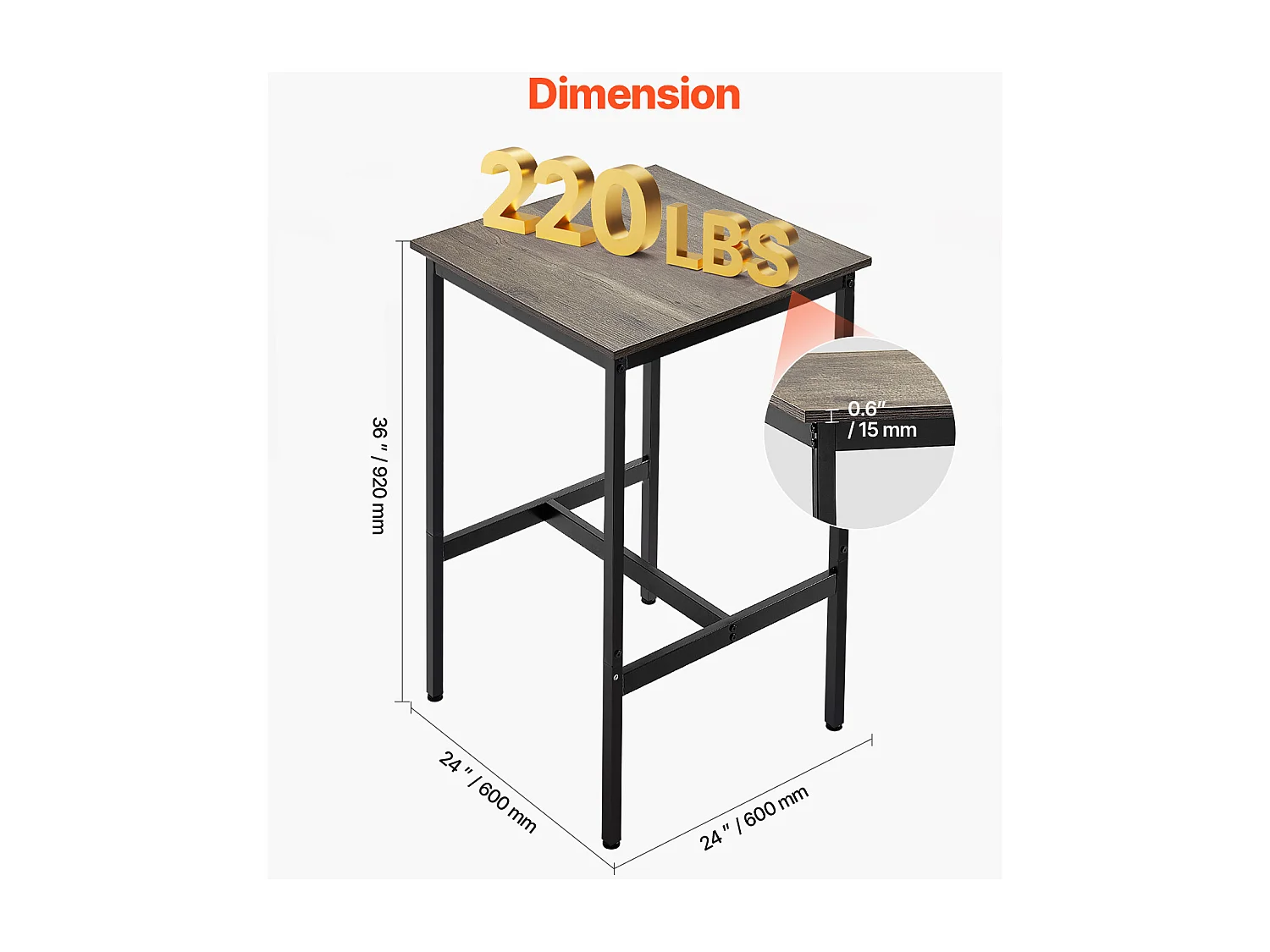 Table de Bar SucceBuy, 61 x 61 x 91,4 cm, Table de Pub Haute avec Cadre en Métal Robuste, Bureau Haut de Bar à Cocktails Étroit et Long, pour Cuisine, Salon