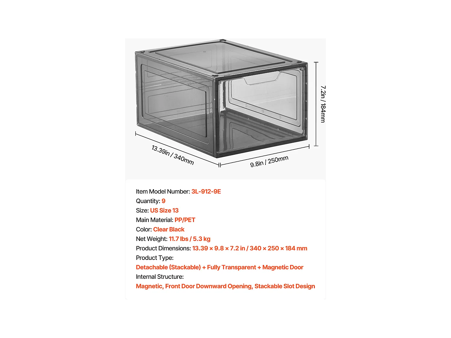 Boîtes à Chaussures Empilables SucceBuy, Lot de 9, Rangement Chaussures jusqu’à la Pointure US 13, en Plastique, pour Ranger Bottes, Noir Transparent