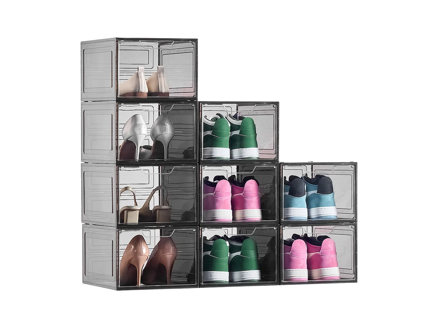 Boîtes à Chaussures Empilables SucceBuy, Lot de 9, Rangement Chaussures jusqu’à la Pointure US 13, en Plastique, pour Ranger Bottes, Noir Transparent