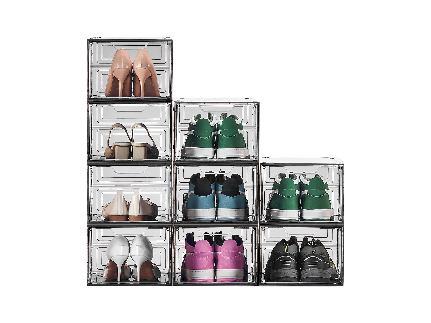 Boîtes à Chaussures Empilables SucceBuy, Lot de 9, Rangement Chaussures jusqu’à la Pointure US 13, en Plastique, pour Ranger Bottes, Noir Transparent