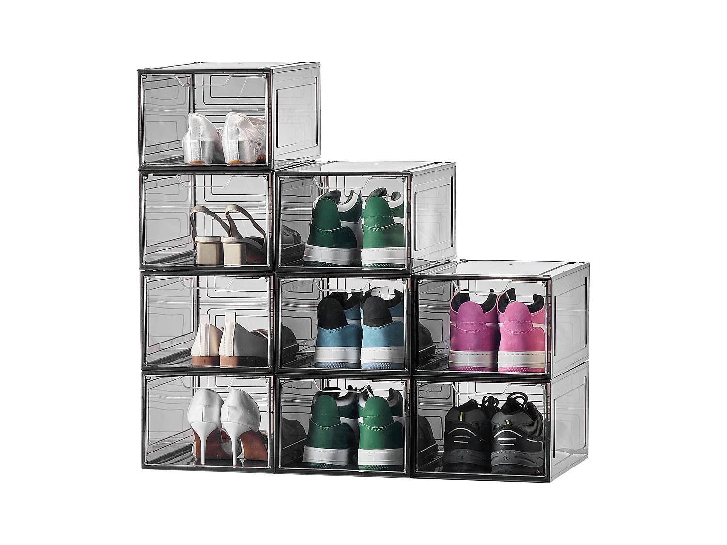 Boîtes à Chaussures Empilables SucceBuy, Lot de 9, Rangement Chaussures jusqu’à la Pointure US 13, en Plastique, pour Ranger Bottes, Noir Transparent