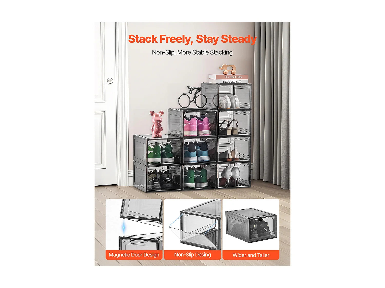 Boîtes à Chaussures Empilables SucceBuy, Lot de 9, Rangement Chaussures jusqu’à la Pointure US 13, en Plastique, pour Ranger Bottes, Noir Transparent