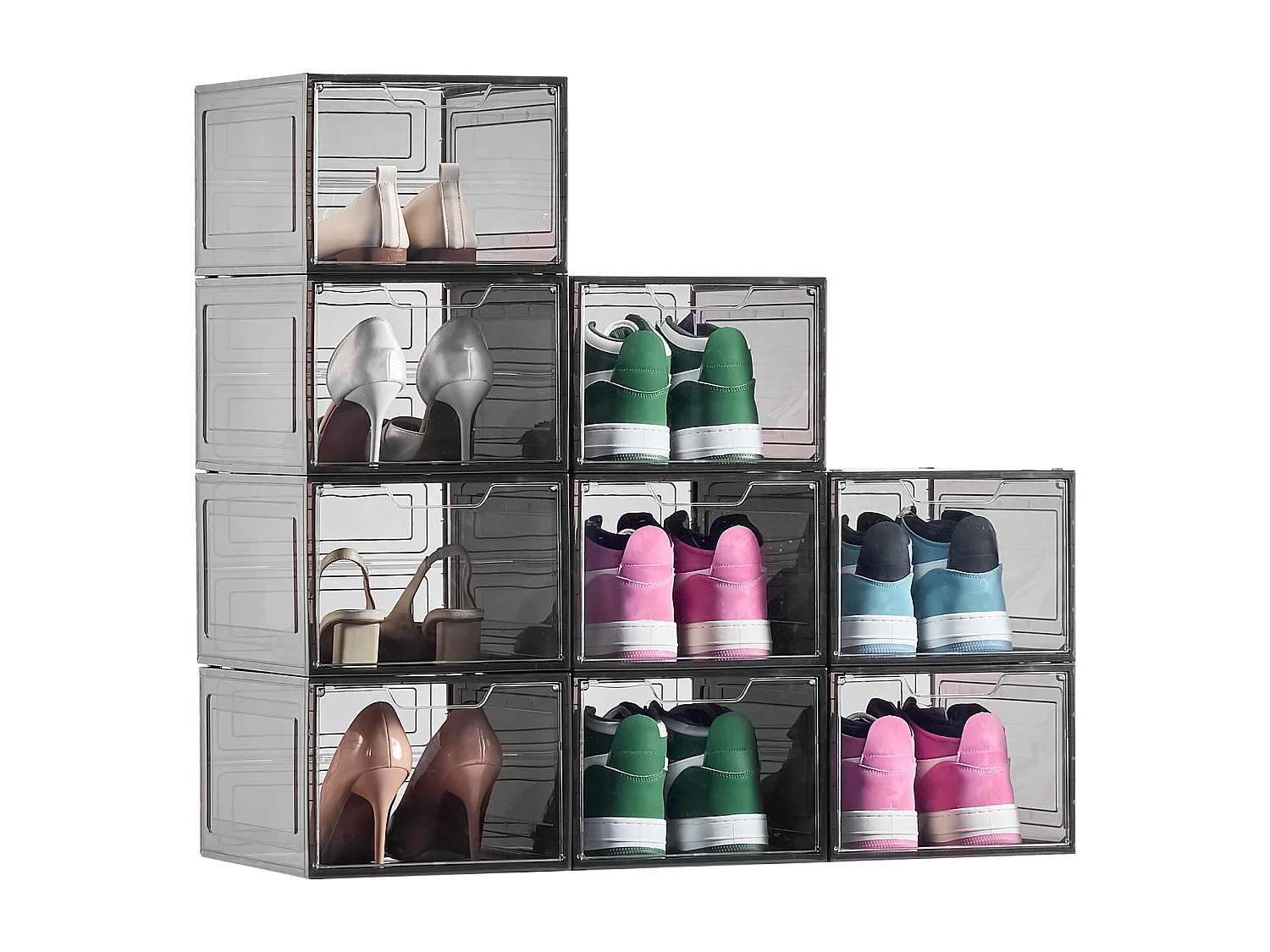 Boîtes à Chaussures Empilables SucceBuy, Lot de 9, Rangement Chaussures jusqu’à la Pointure US 13, en Plastique, pour Ranger Bottes, Noir Transparent