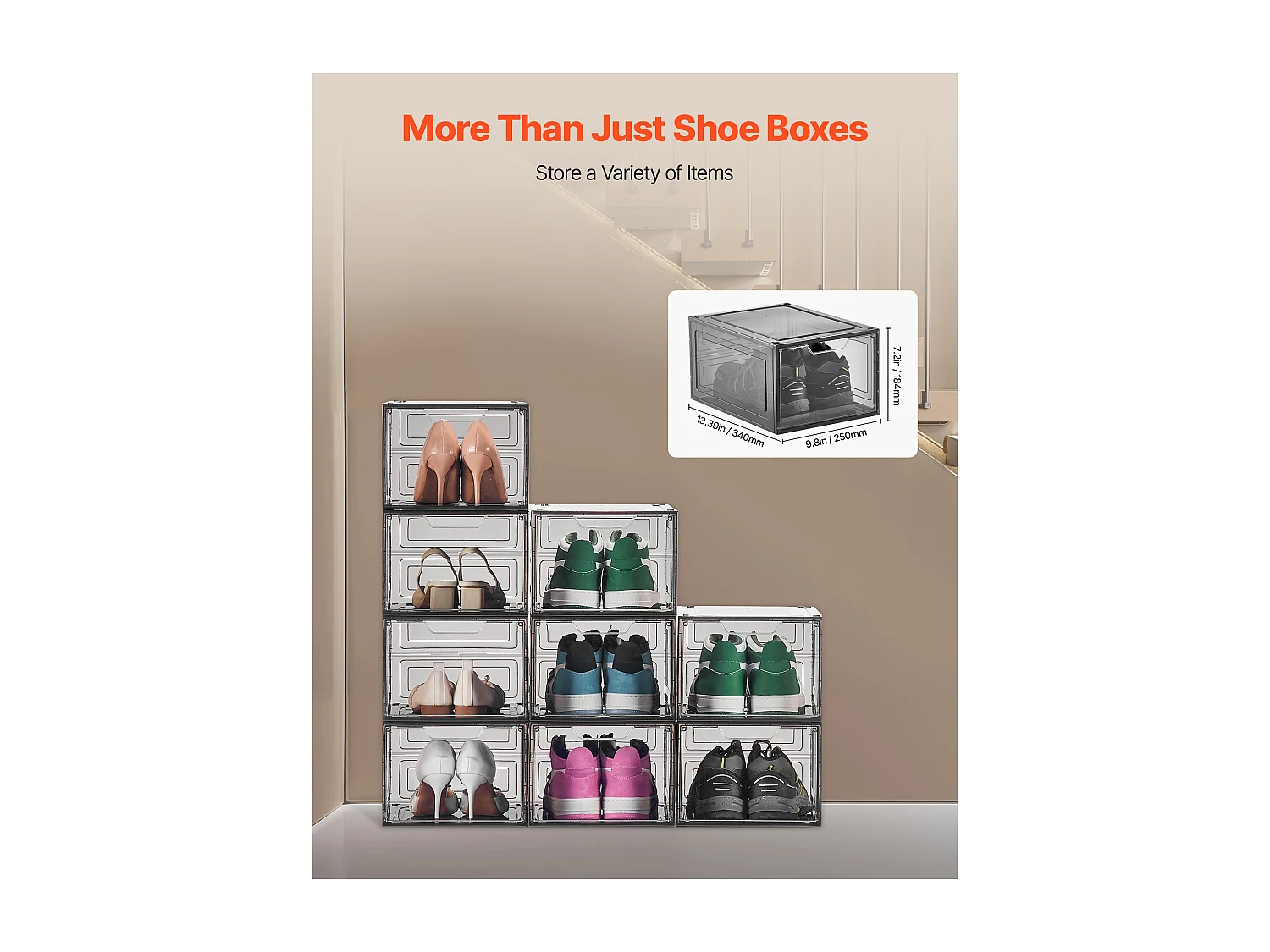 Scatole per Scarpe Impilabili SucceBuy, Set da 9, per Scarpe fino alla Taglia US 13, in Plastica, per Riporre Stivali, Nero Trasparente