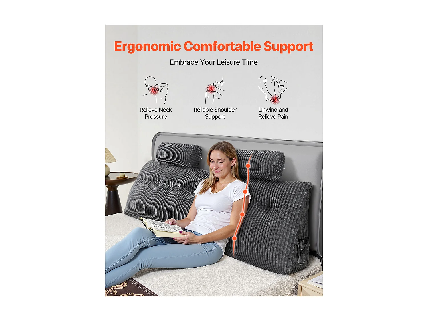 Coussin de Lecture SucceBuy, avec 2 Poches Latérales et 2 Appuis-tête, Oreiller en Flanelle Lavable, Soutien Dorsal pour Lire, se Reposer, Gris