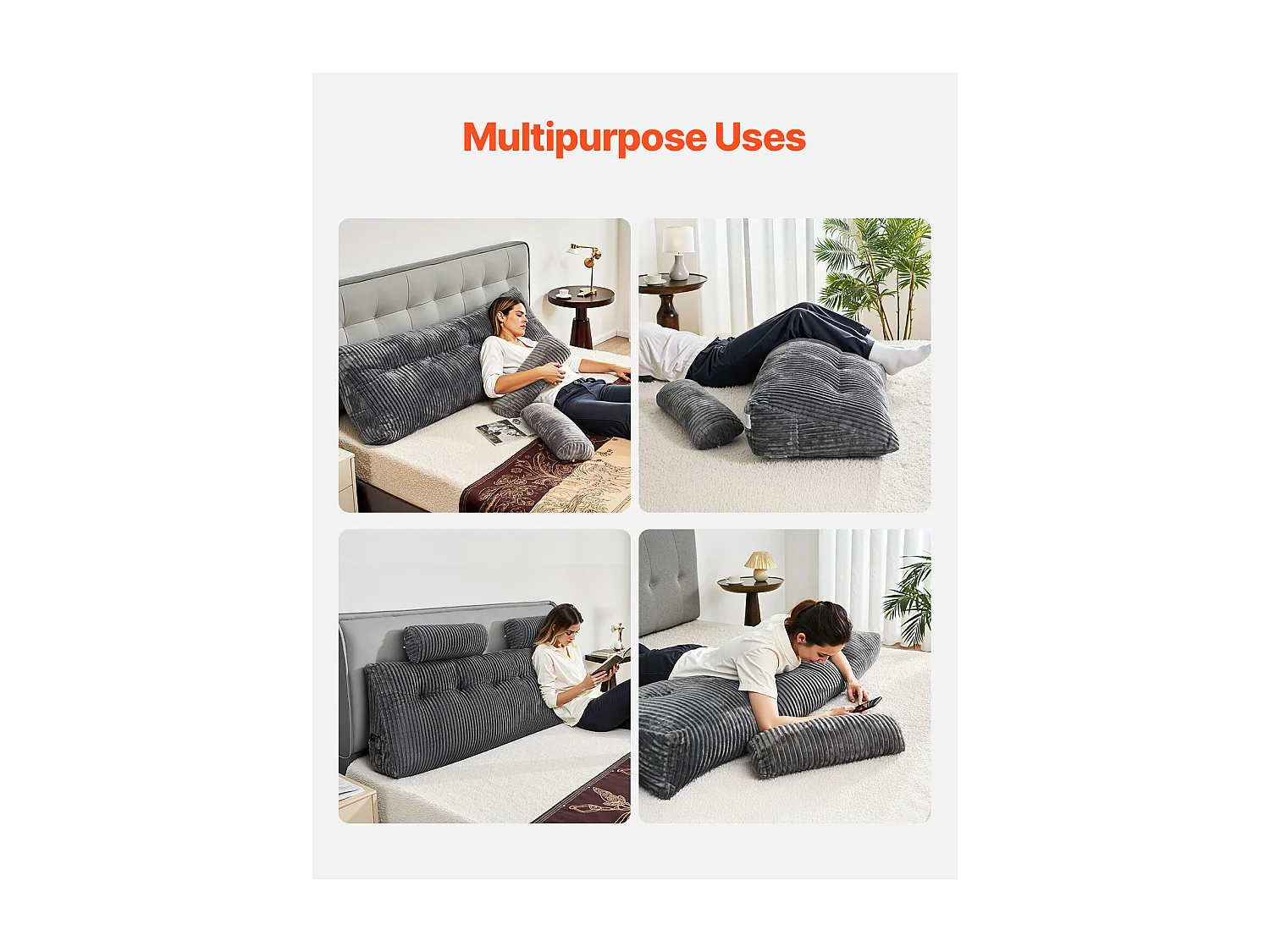 Coussin de Lecture SucceBuy, avec 2 Poches Latérales et 2 Appuis-tête, Oreiller en Flanelle Lavable, Soutien Dorsal pour Lire, se Reposer, Gris