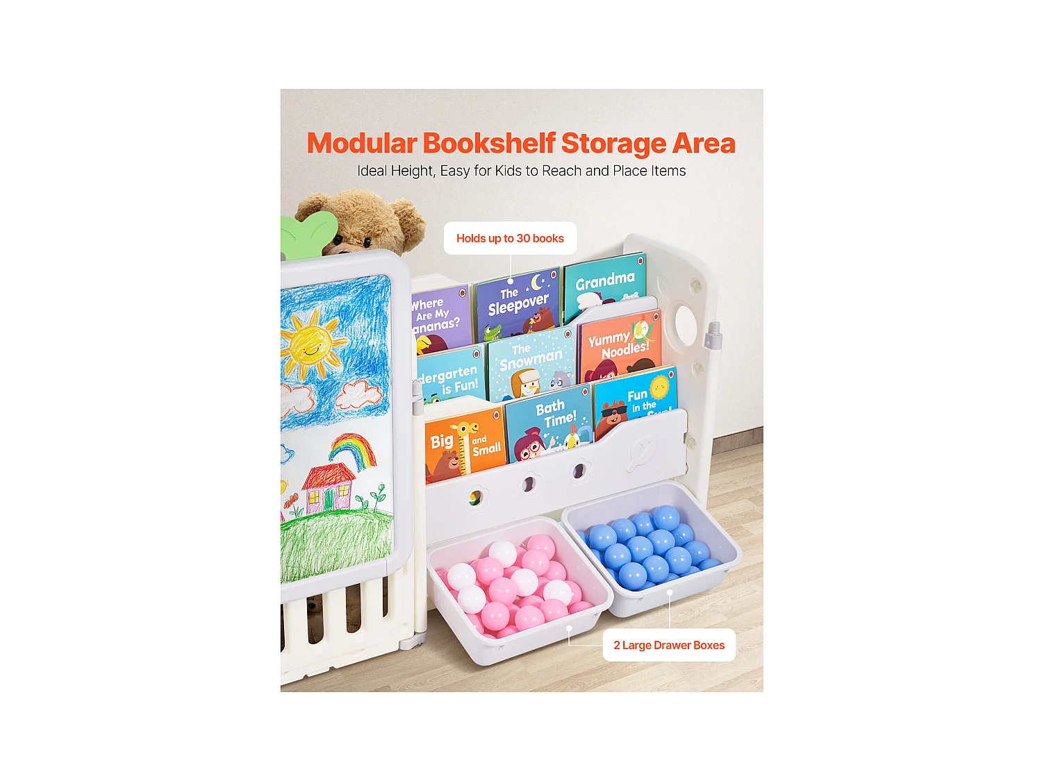 Meuble de Rangement Jouets Enfant SucceBuy, avec Bibliothèque et Planche à Dessin, à 4 Niveaux avec 10 Bacs en Plastique Amovibles, pour Crèche