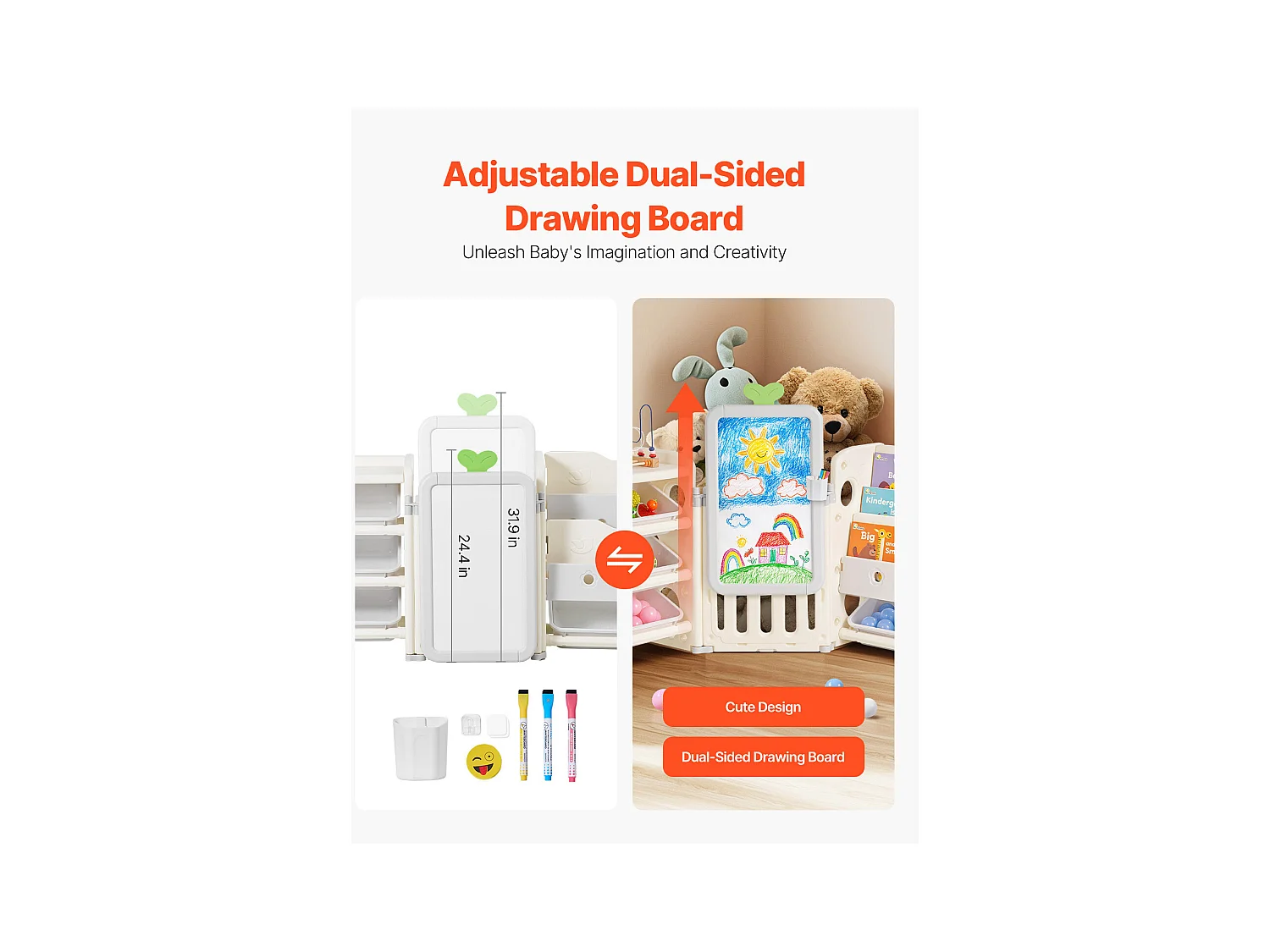 Meuble de Rangement Jouets Enfant SucceBuy, avec Bibliothèque et Planche à Dessin, à 4 Niveaux avec 10 Bacs en Plastique Amovibles, pour Crèche