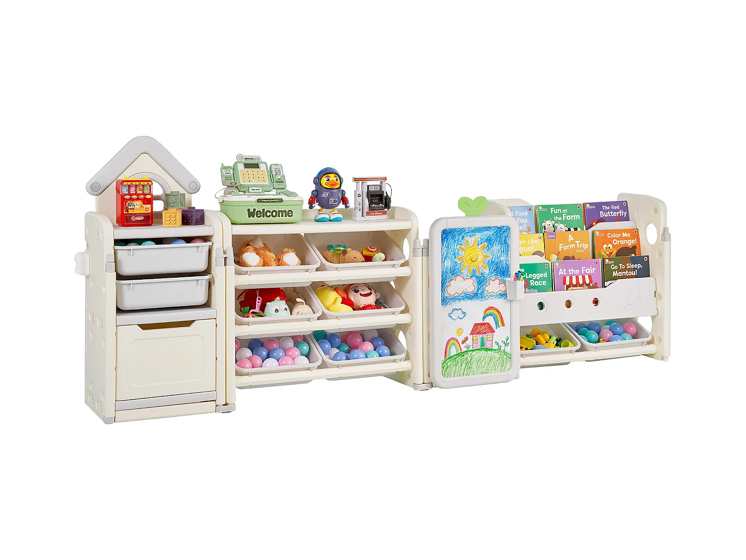 Meuble de Rangement Jouets Enfant SucceBuy, avec Bibliothèque et Planche à Dessin, à 4 Niveaux avec 10 Bacs en Plastique Amovibles, pour Crèche