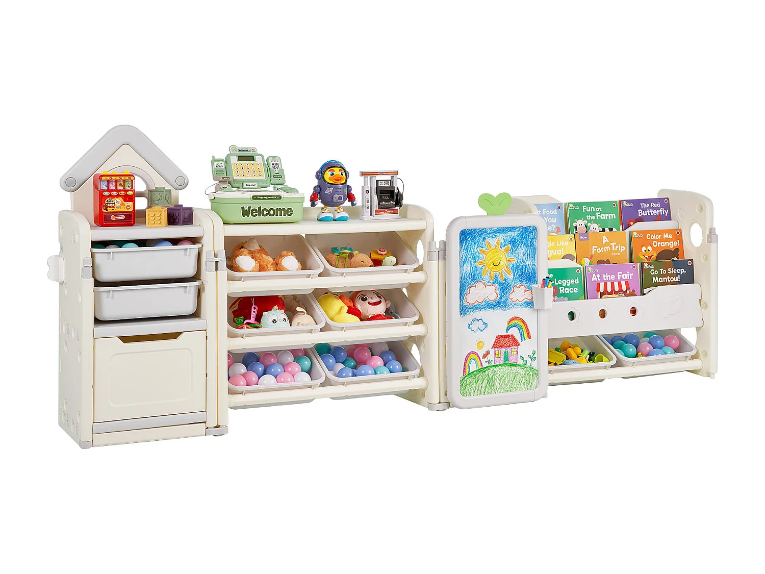 Móvel para Arrumação de Brinquedos Infantis SucceBuy, com Estante e Prancheta, com 4 Níveis e 10 Caixas de Plástico Removíveis, para Creches