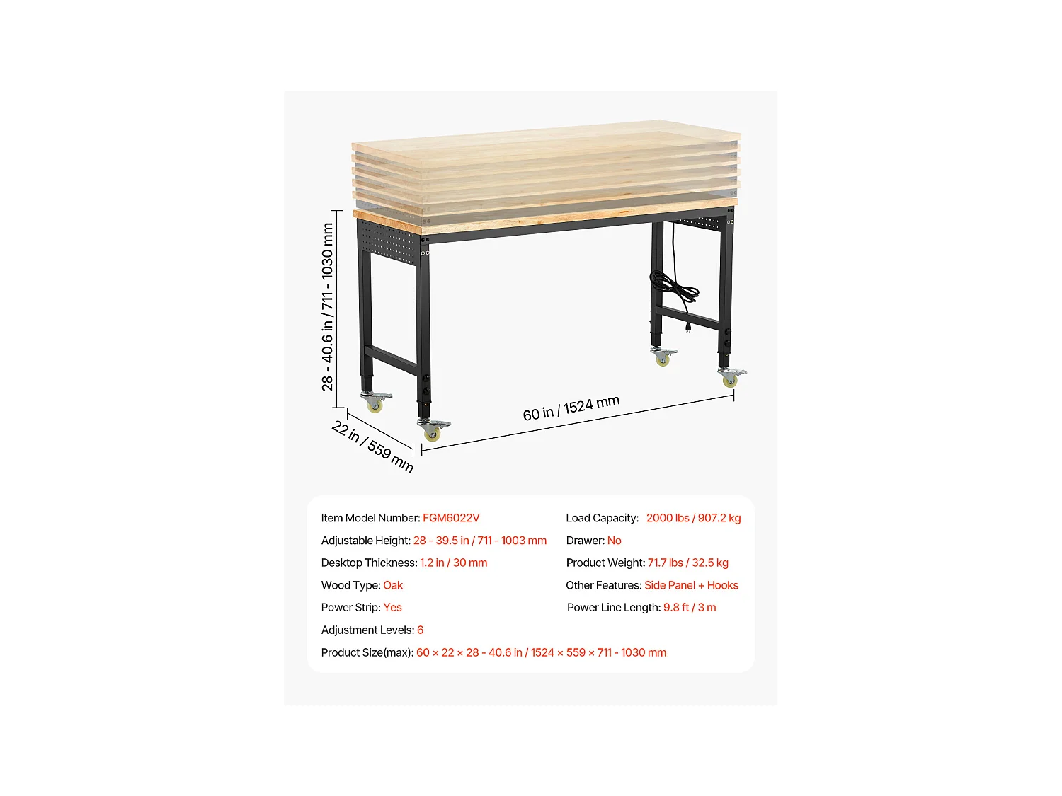 Établi Atelier Garage SucceBuy, 152,4 cm, Table de Travail sur Roulettes à Hauteur Réglable, Capacité de Charge 907,2 kg, en Chêne pour Bureau, Maison