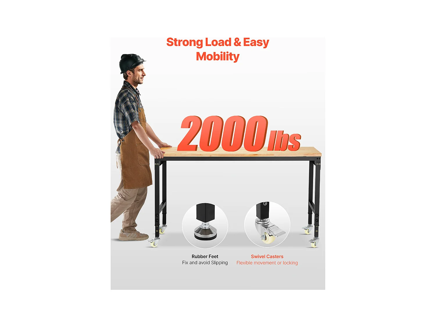 Établi Atelier Garage SucceBuy, 152,4 cm, Table de Travail sur Roulettes à Hauteur Réglable, Capacité de Charge 907,2 kg, en Chêne pour Bureau, Maison