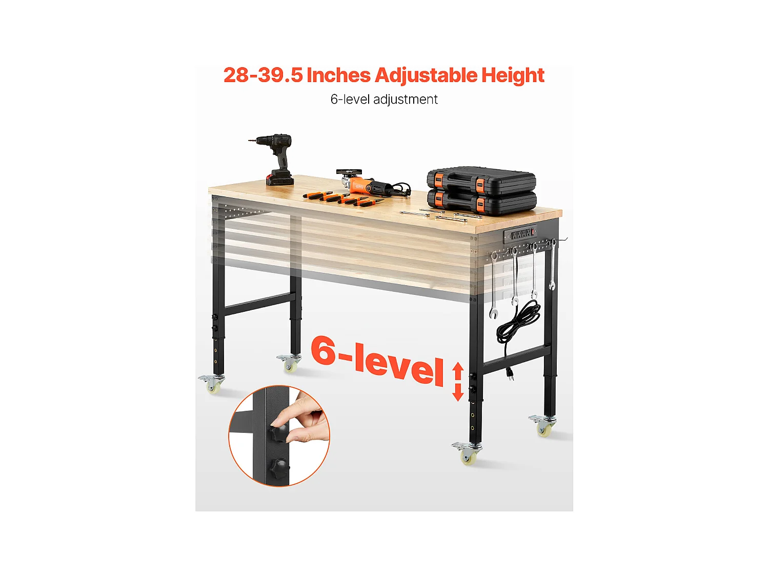 Établi Atelier Garage SucceBuy, 152,4 cm, Table de Travail sur Roulettes à Hauteur Réglable, Capacité de Charge 907,2 kg, en Chêne pour Bureau, Maison