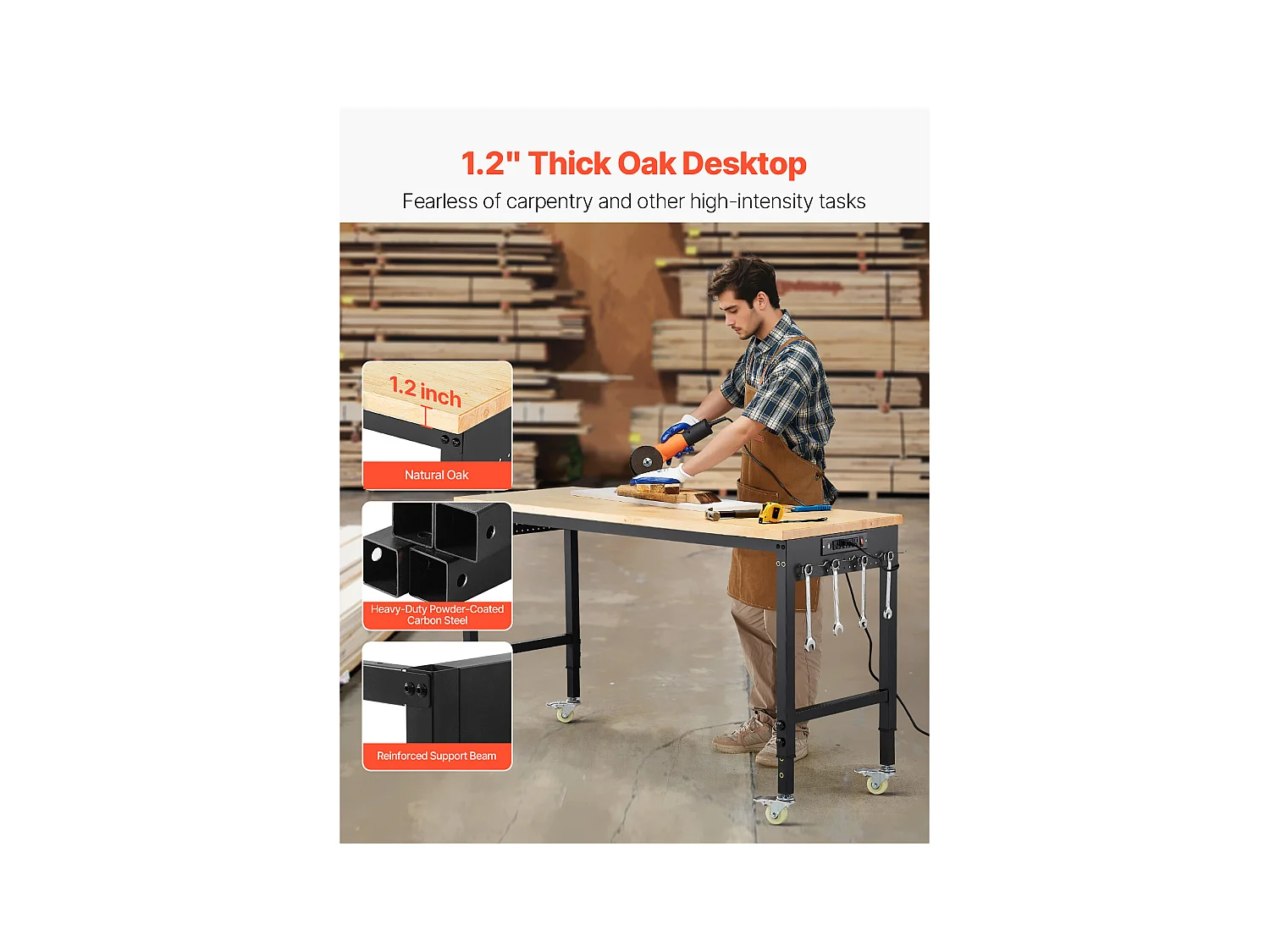 Établi Atelier Garage SucceBuy, 152,4 cm, Table de Travail sur Roulettes à Hauteur Réglable, Capacité de Charge 907,2 kg, en Chêne pour Bureau, Maison