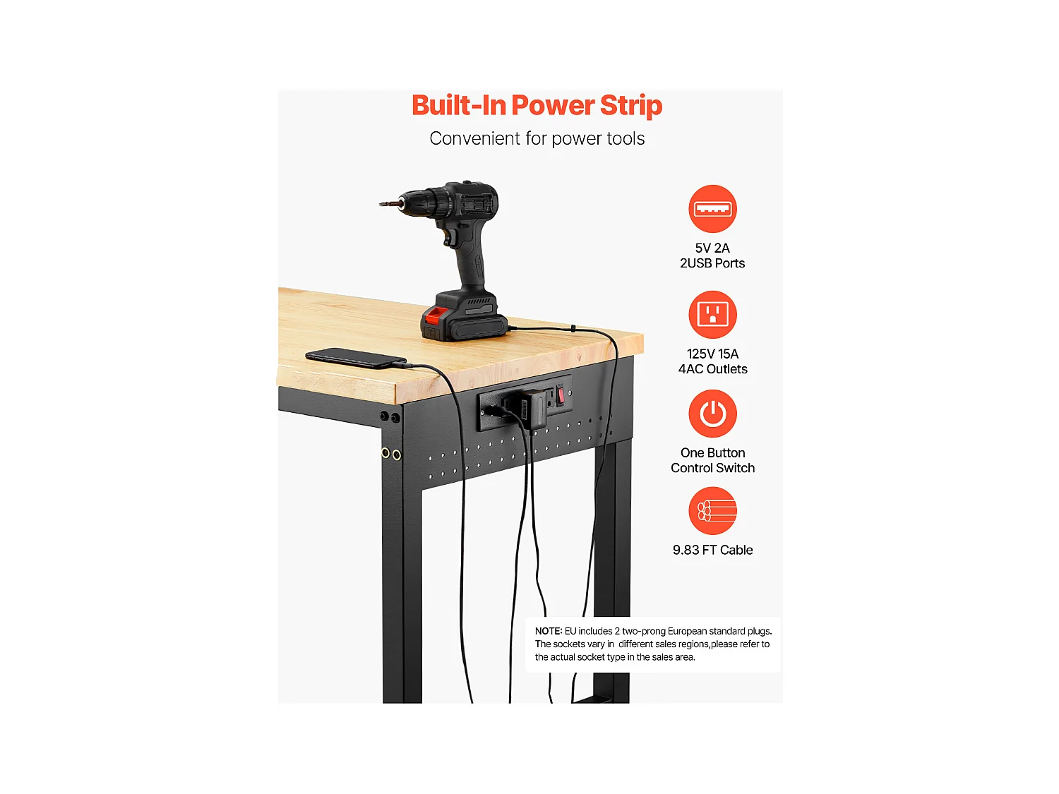 Établi Atelier Garage SucceBuy, 152,4 cm, Table de Travail sur Roulettes à Hauteur Réglable, Capacité de Charge 907,2 kg, en Chêne pour Bureau, Maison