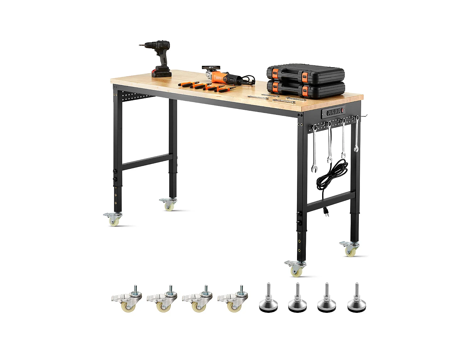 Établi Atelier Garage SucceBuy, 152,4 cm, Table de Travail sur Roulettes à Hauteur Réglable, Capacité de Charge 907,2 kg, en Chêne pour Bureau, Maison