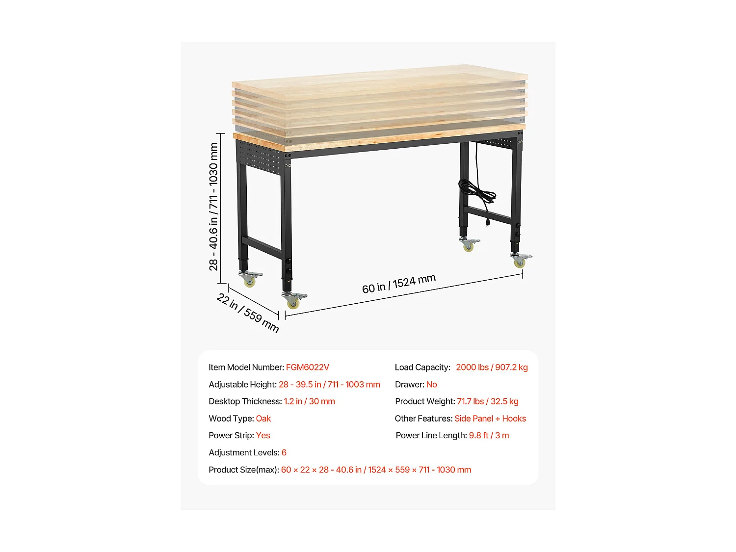 Établi Atelier Garage SucceBuy, 152,4 cm, Table de Travail sur Roulettes à Hauteur Réglable, Capacité de Charge 907,2 kg, en Chêne pour Bureau, Maison