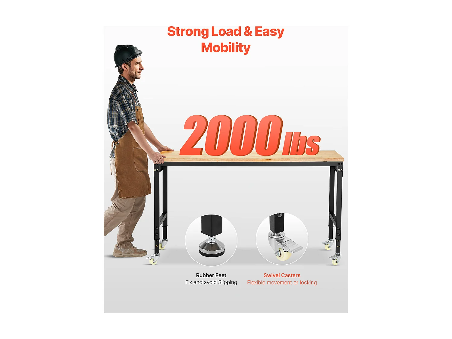 Établi Atelier Garage SucceBuy, 152,4 cm, Table de Travail sur Roulettes à Hauteur Réglable, Capacité de Charge 907,2 kg, en Chêne pour Bureau, Maison