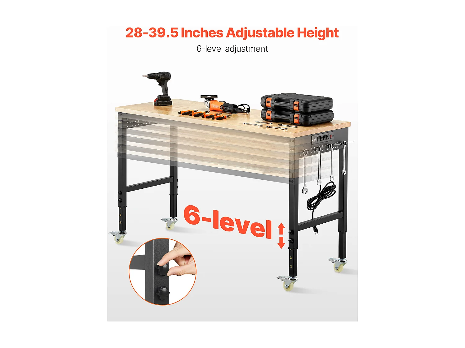 Établi Atelier Garage SucceBuy, 152,4 cm, Table de Travail sur Roulettes à Hauteur Réglable, Capacité de Charge 907,2 kg, en Chêne pour Bureau, Maison
