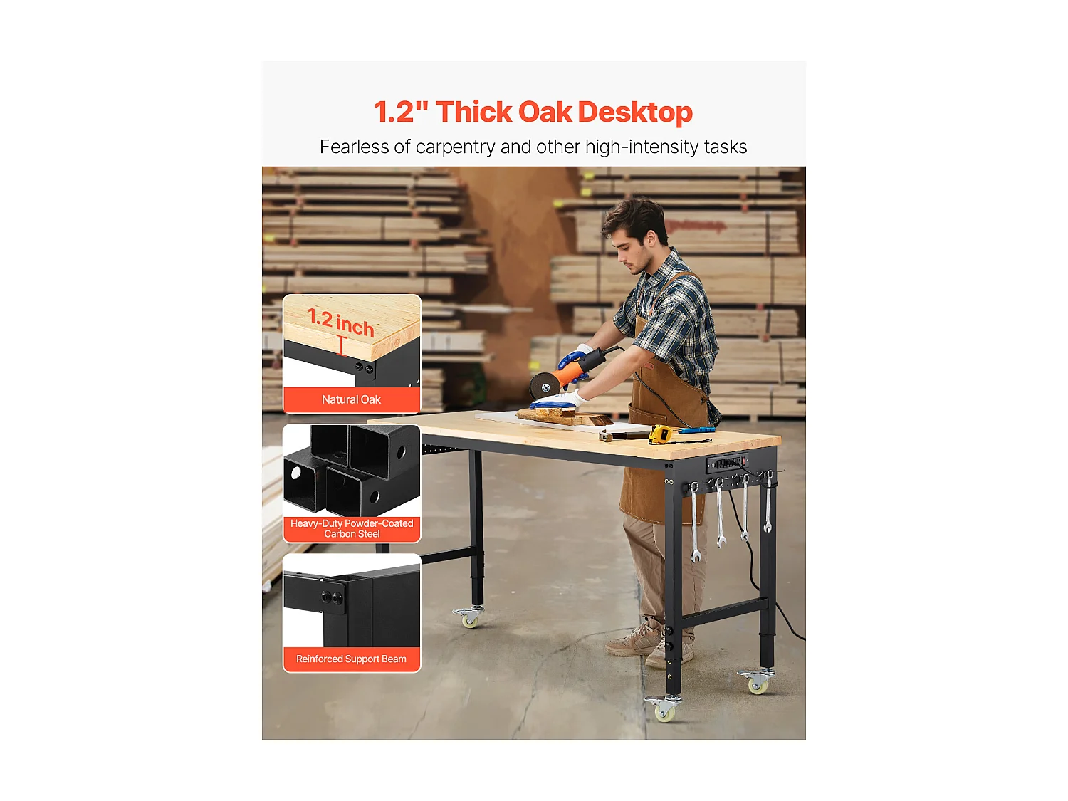 Établi Atelier Garage SucceBuy, 152,4 cm, Table de Travail sur Roulettes à Hauteur Réglable, Capacité de Charge 907,2 kg, en Chêne pour Bureau, Maison