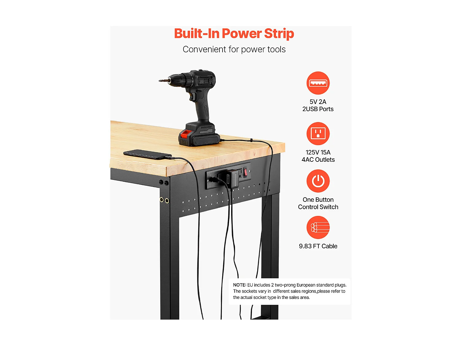 Établi Atelier Garage SucceBuy, 152,4 cm, Table de Travail sur Roulettes à Hauteur Réglable, Capacité de Charge 907,2 kg, en Chêne pour Bureau, Maison