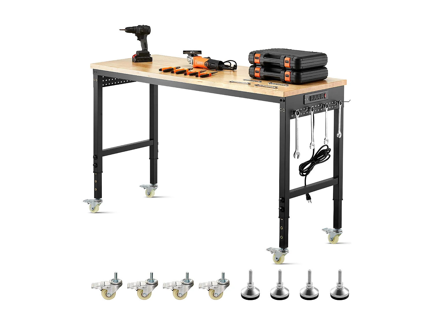 Établi Atelier Garage SucceBuy, 152,4 cm, Table de Travail sur Roulettes à Hauteur Réglable, Capacité de Charge 907,2 kg, en Chêne pour Bureau, Maison