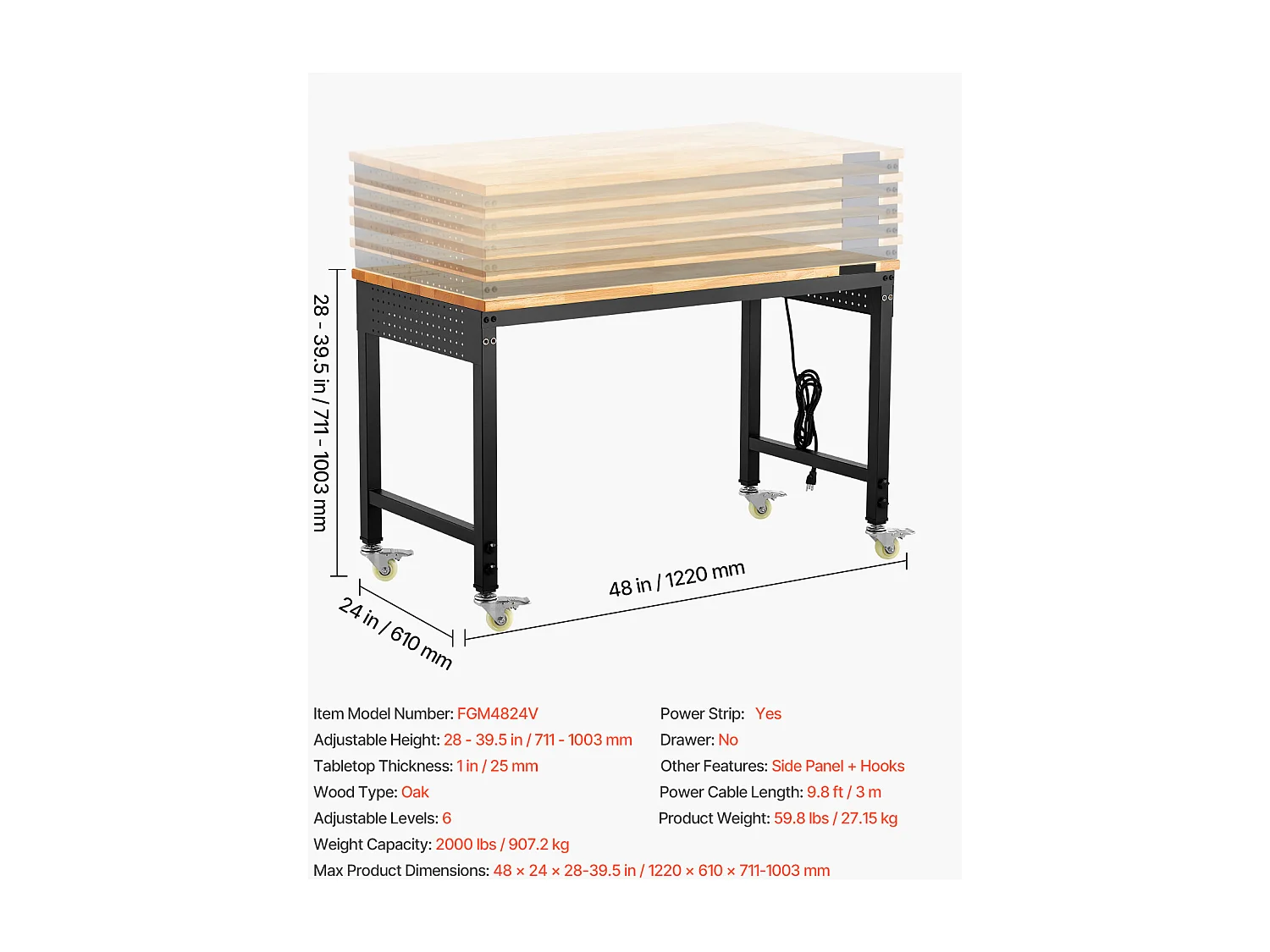 Werkbank voor Garage SucceBuy, 122 cm, Werktafel op Wieltjes met Verstelbare Hoogte, Draagvermogen 907,2 kg, van Eikenhout voor Kantoor, Thuis