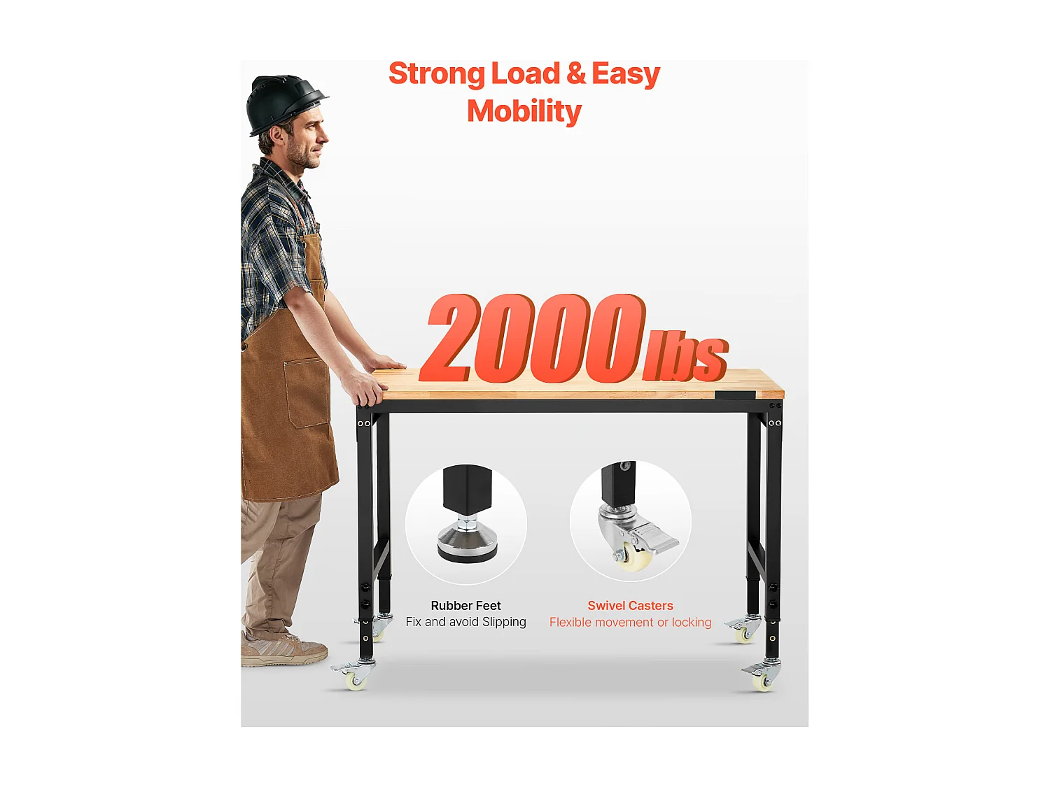 Werkbank voor Garage SucceBuy, 122 cm, Werktafel op Wieltjes met Verstelbare Hoogte, Draagvermogen 907,2 kg, van Eikenhout voor Kantoor, Thuis