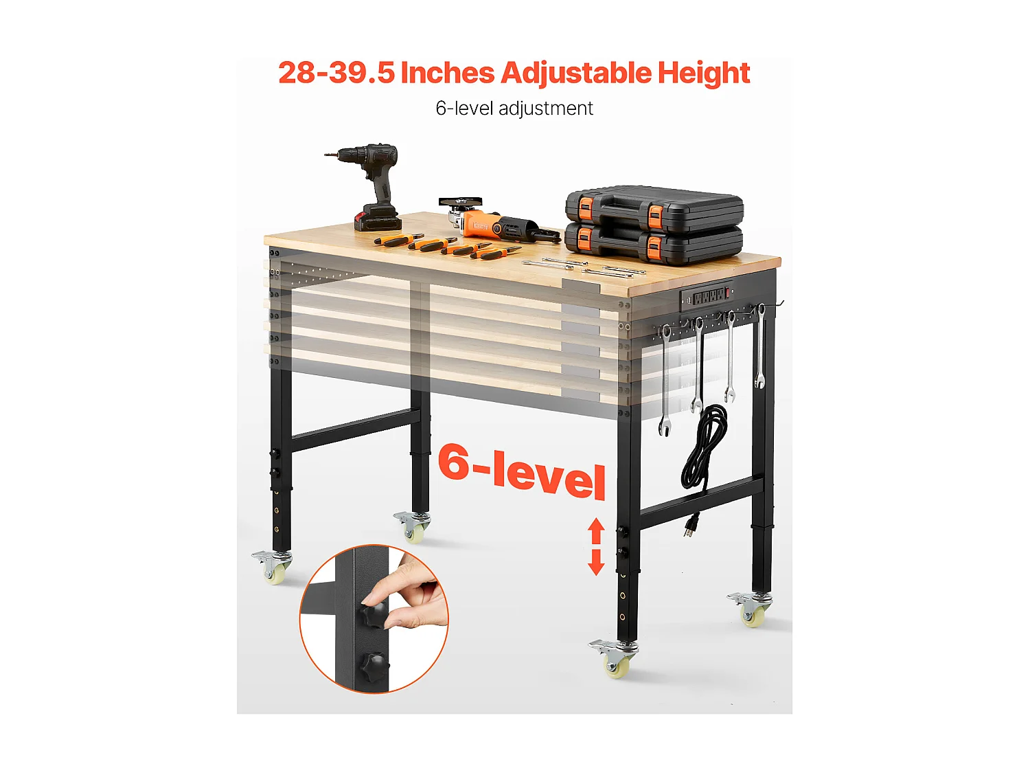 Werkbank voor Garage SucceBuy, 122 cm, Werktafel op Wieltjes met Verstelbare Hoogte, Draagvermogen 907,2 kg, van Eikenhout voor Kantoor, Thuis