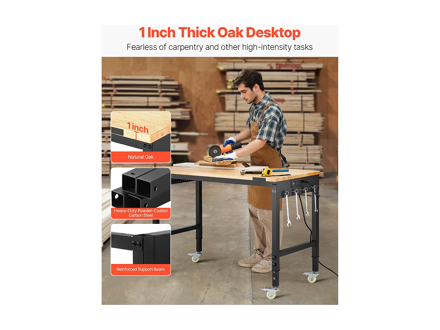 Werkbank voor Garage SucceBuy, 122 cm, Werktafel op Wieltjes met Verstelbare Hoogte, Draagvermogen 907,2 kg, van Eikenhout voor Kantoor, Thuis