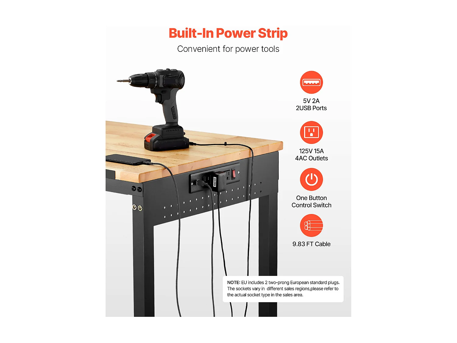 Werkbank voor Garage SucceBuy, 122 cm, Werktafel op Wieltjes met Verstelbare Hoogte, Draagvermogen 907,2 kg, van Eikenhout voor Kantoor, Thuis