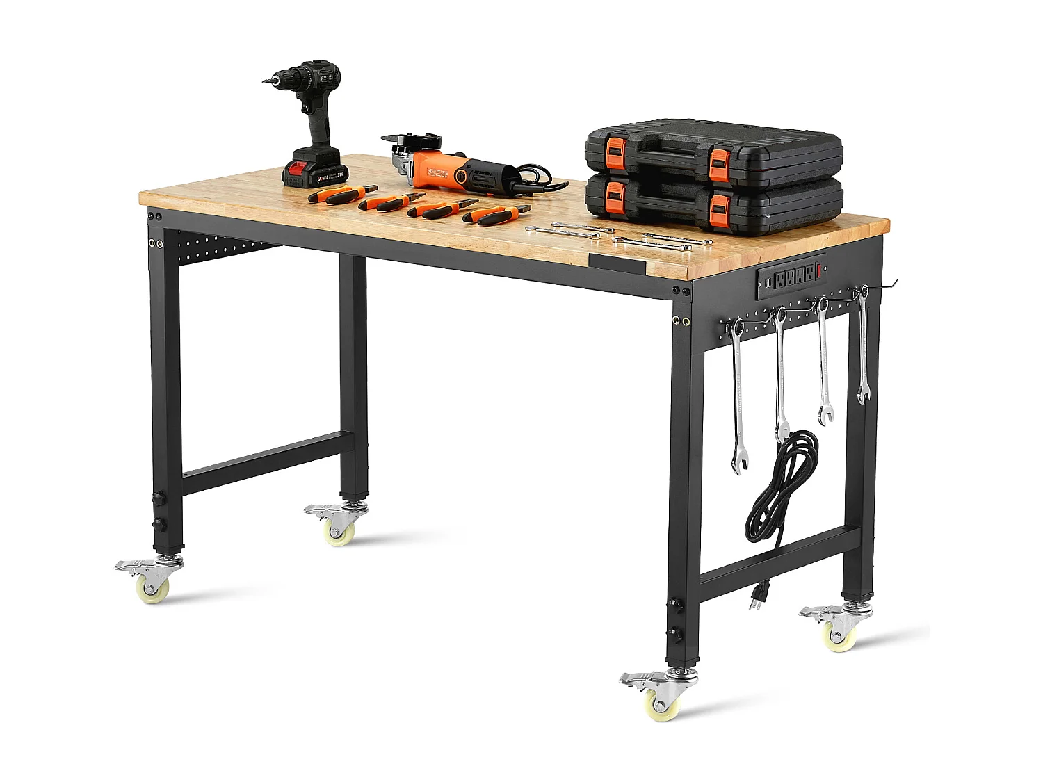 Werkbank voor Garage SucceBuy, 122 cm, Werktafel op Wieltjes met Verstelbare Hoogte, Draagvermogen 907,2 kg, van Eikenhout voor Kantoor, Thuis