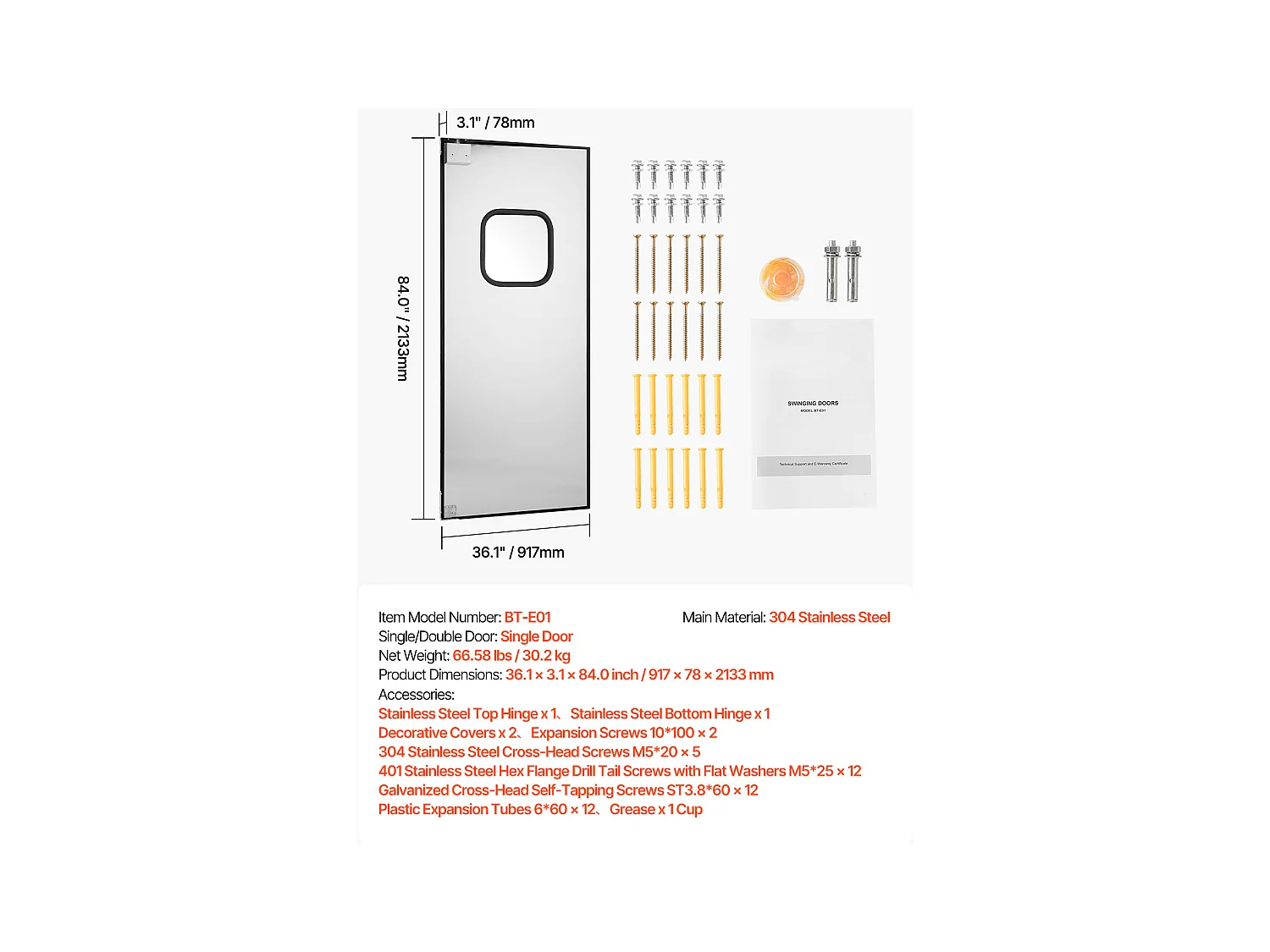 Porte Battante SucceBuy en Acier Inoxydable, à Panneau Simple pour Ouverture de Porte 91x213 cm, Facile à Installer, Fonctionnement Fluide et Silencieux