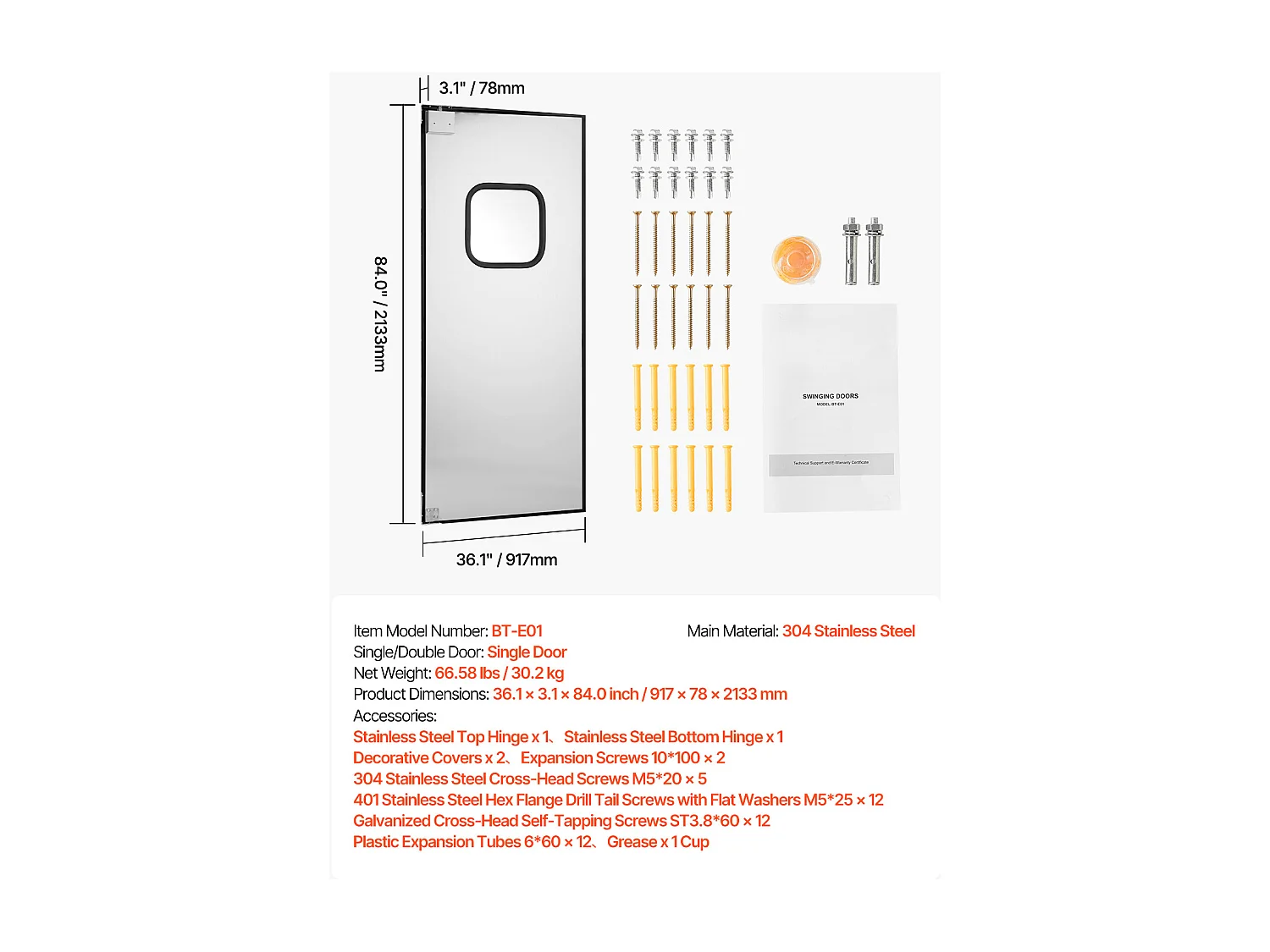 Porte Battante SucceBuy en Acier Inoxydable, à Panneau Simple pour Ouverture de Porte 91x213 cm, Facile à Installer, Fonctionnement Fluide et Silencieux