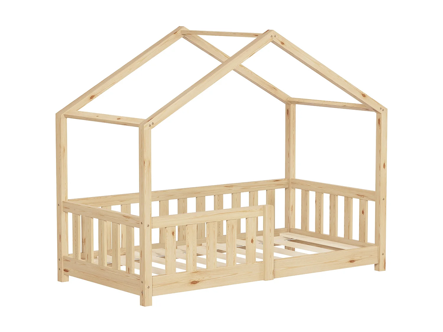 Lit cabane enfant 70x140 cm naturel pin massif avec protection antichute, toit et sommier à lattes, couchage au sol Montessori pour fille garçon