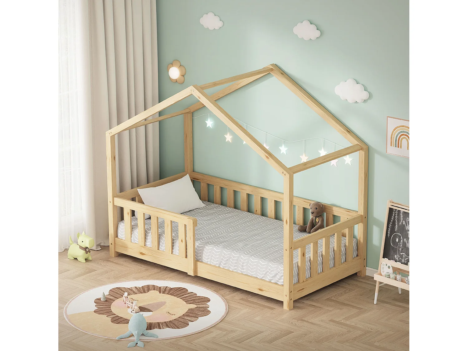 Lit cabane enfant 70x140 cm naturel pin massif avec protection antichute, toit et sommier à lattes, couchage au sol Montessori pour fille garçon