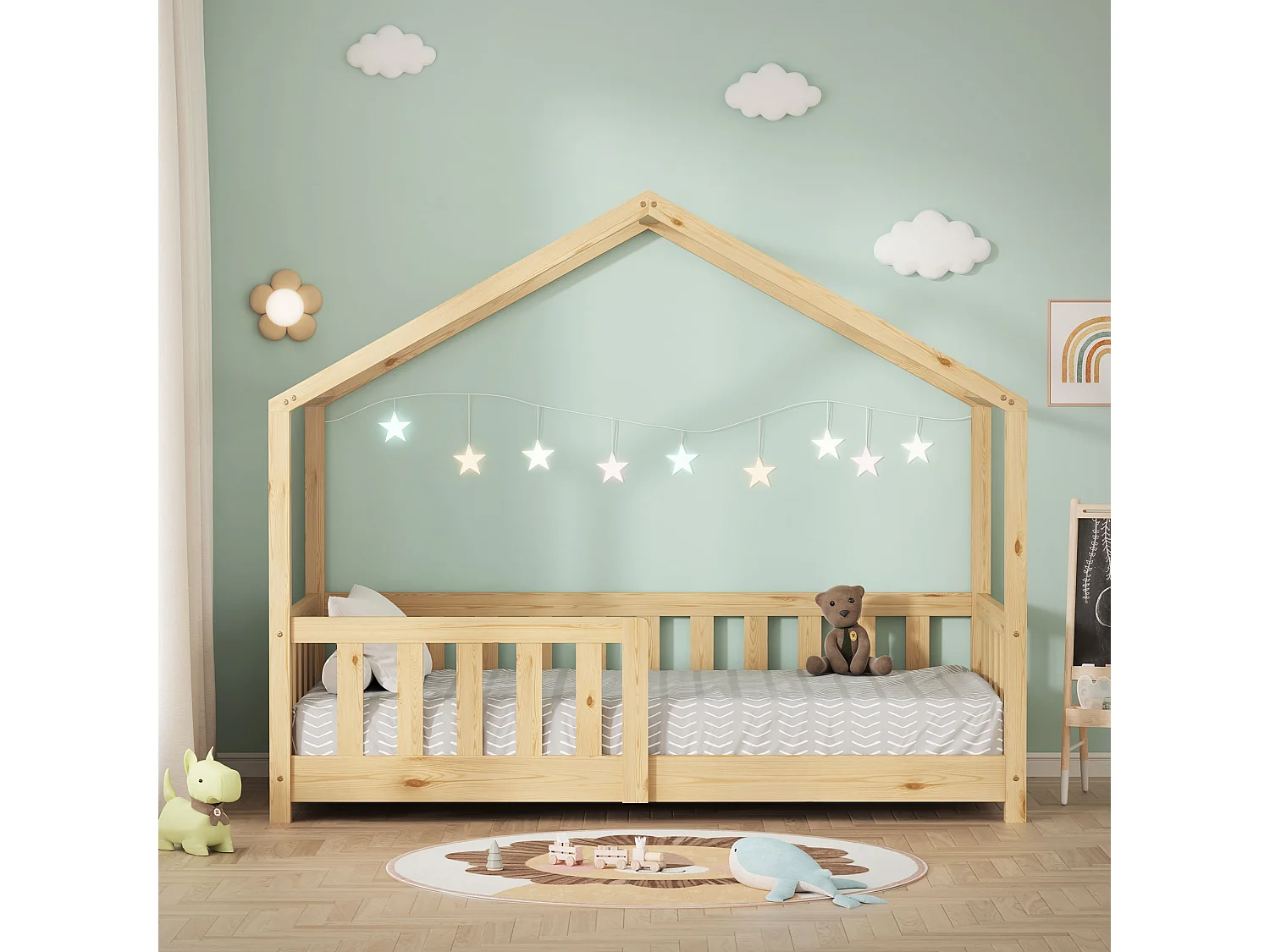 Lit cabane enfant 70x140 cm naturel pin massif avec protection antichute, toit et sommier à lattes, couchage au sol Montessori pour fille garçon