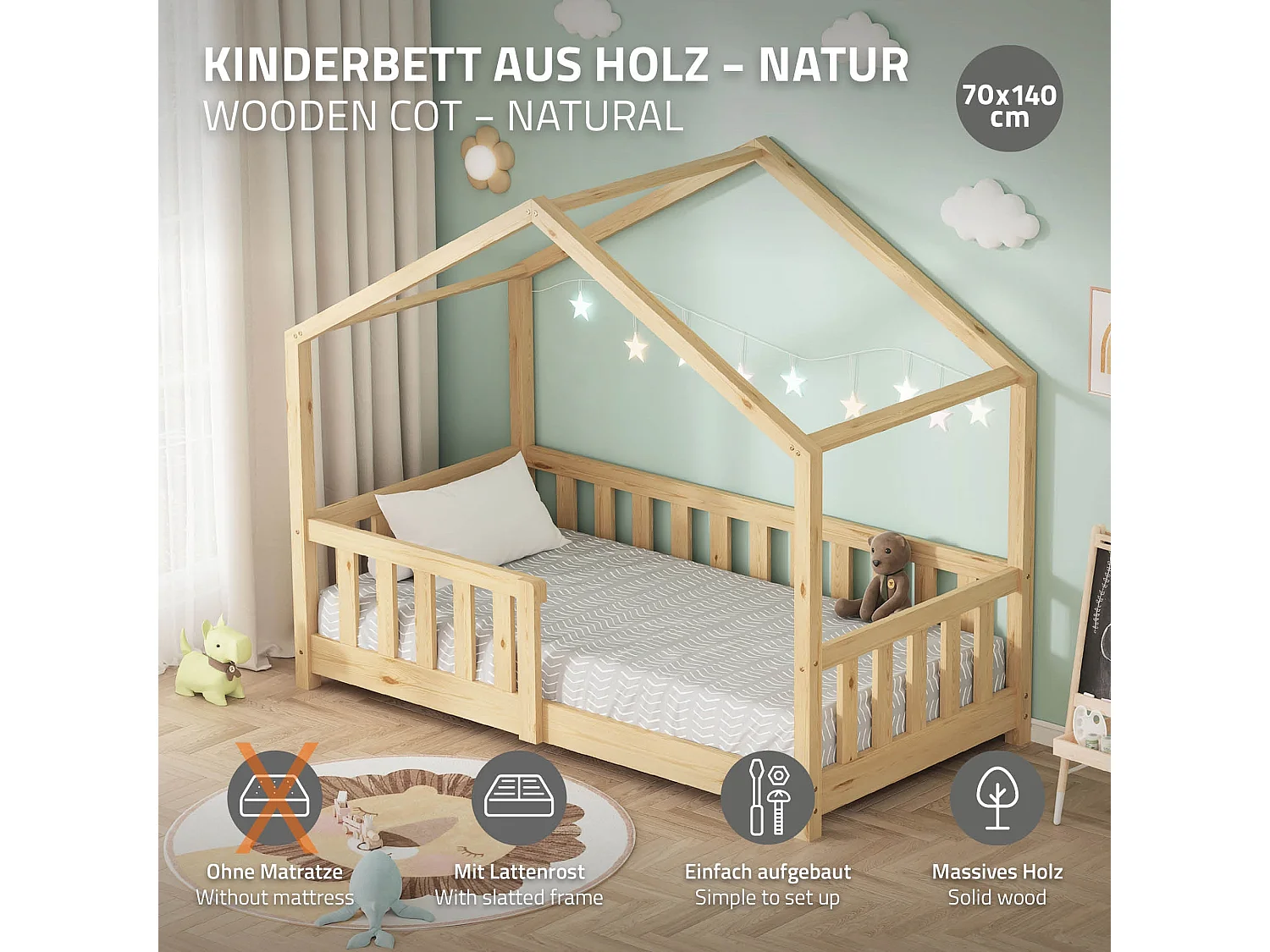 Lit cabane enfant 70x140 cm naturel pin massif avec protection antichute, toit et sommier à lattes, couchage au sol Montessori pour fille garçon