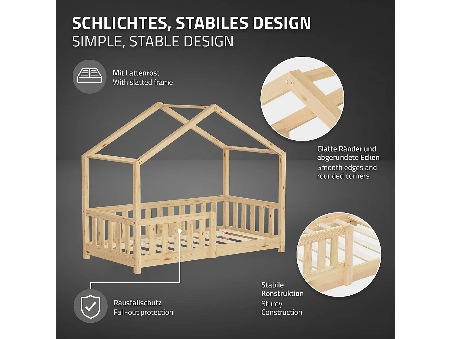 Lit cabane enfant 70x140 cm naturel pin massif avec protection antichute, toit et sommier à lattes, couchage au sol Montessori pour fille garçon