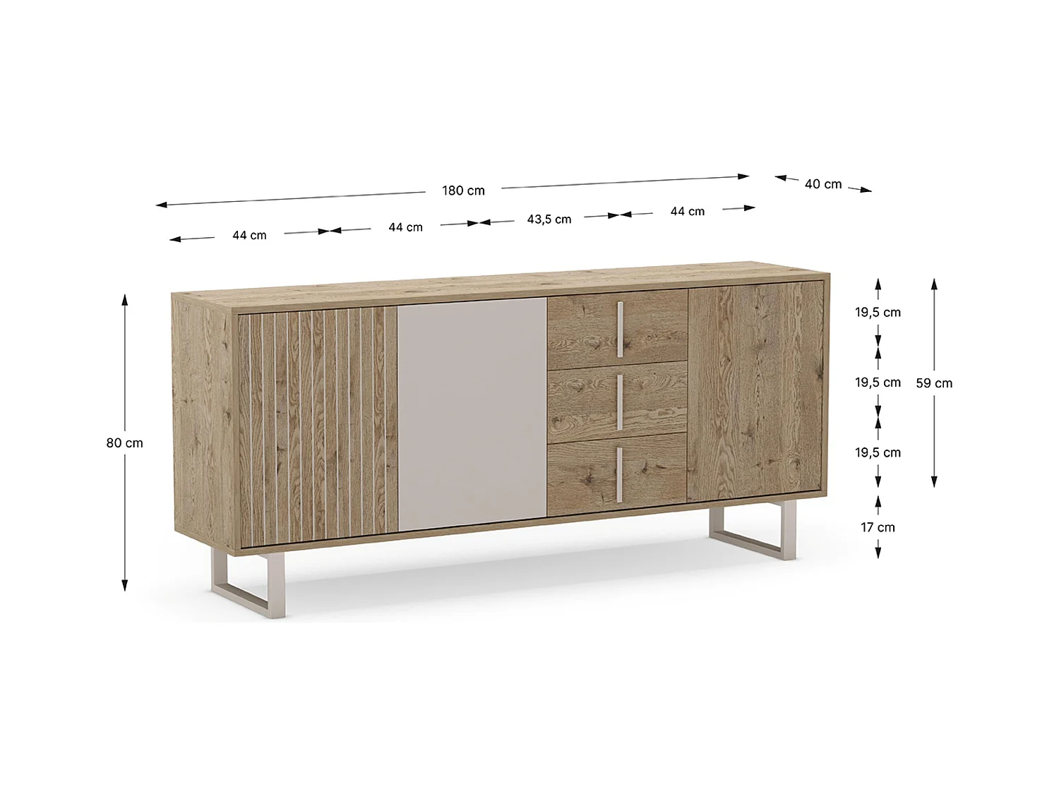 Buffet, meuble de rangement avec 3 portes et 3 tiroirs aspect bois coloris chêne et métal coloris gris - Longueur 180 x Profondeur 40 x Hauteur 80 cm