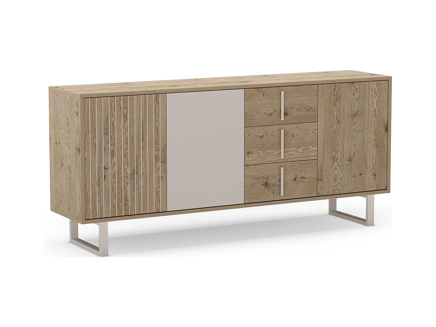 Buffet, meuble de rangement avec 3 portes et 3 tiroirs aspect bois coloris chêne et métal coloris gris - Longueur 180 x Profondeur 40 x Hauteur 80 cm