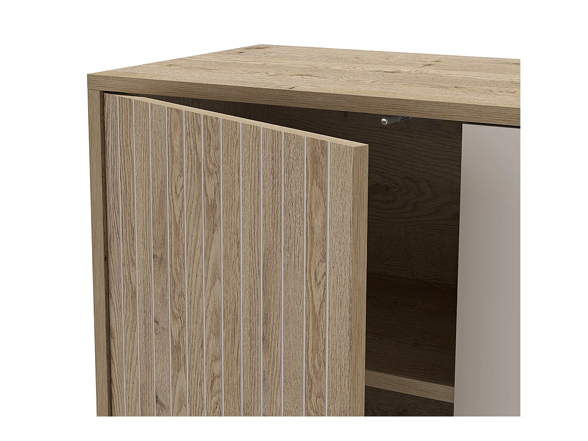 Buffet, meuble de rangement avec 3 portes et 3 tiroirs aspect bois coloris chêne et métal coloris gris - Longueur 180 x Profondeur 40 x Hauteur 80 cm