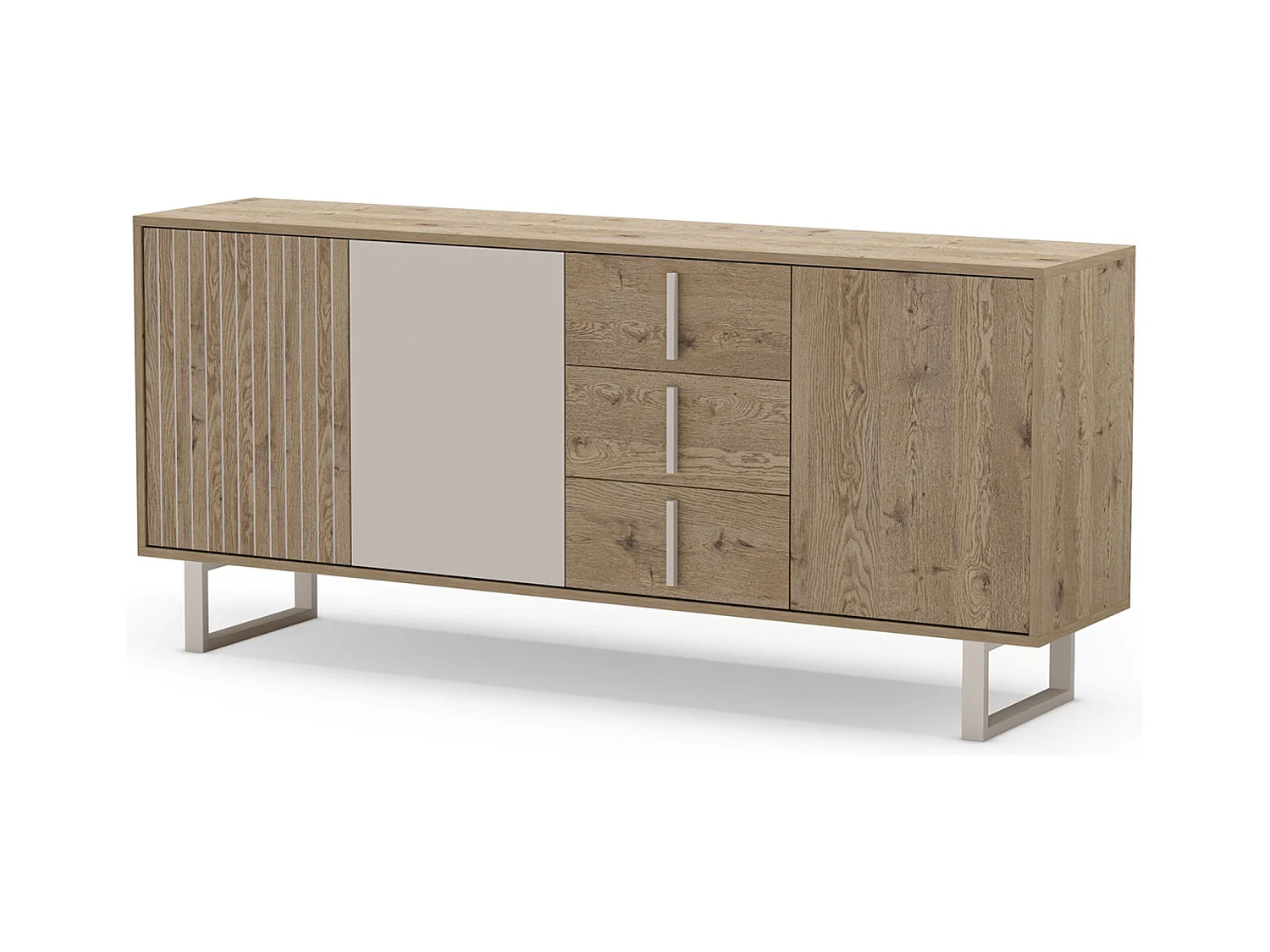 Buffet, meuble de rangement avec 3 portes et 3 tiroirs aspect bois coloris chêne et métal coloris gris - Longueur 180 x Profondeur 40 x Hauteur 80 cm