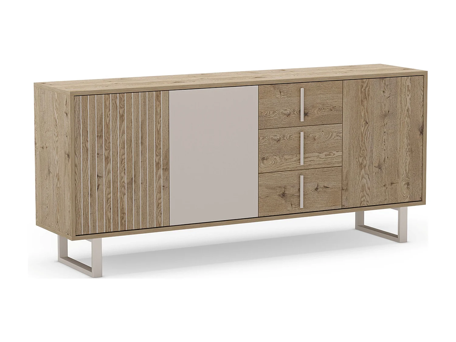 Buffet, meuble de rangement avec 3 portes et 3 tiroirs aspect bois coloris chêne et métal coloris gris - Longueur 180 x Profondeur 40 x Hauteur 80 cm