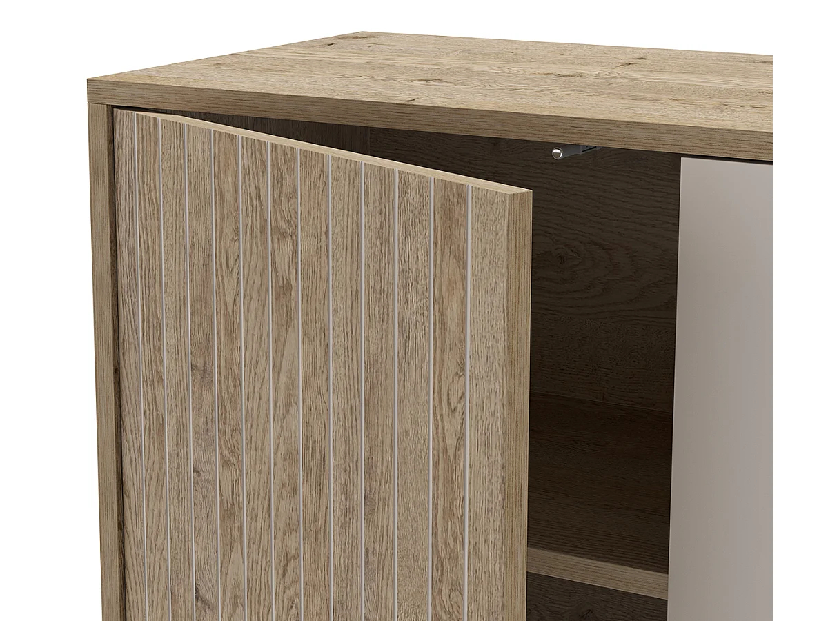 Buffet, meuble de rangement avec 3 portes et 3 tiroirs aspect bois coloris chêne et métal coloris gris - Longueur 180 x Profondeur 40 x Hauteur 80 cm