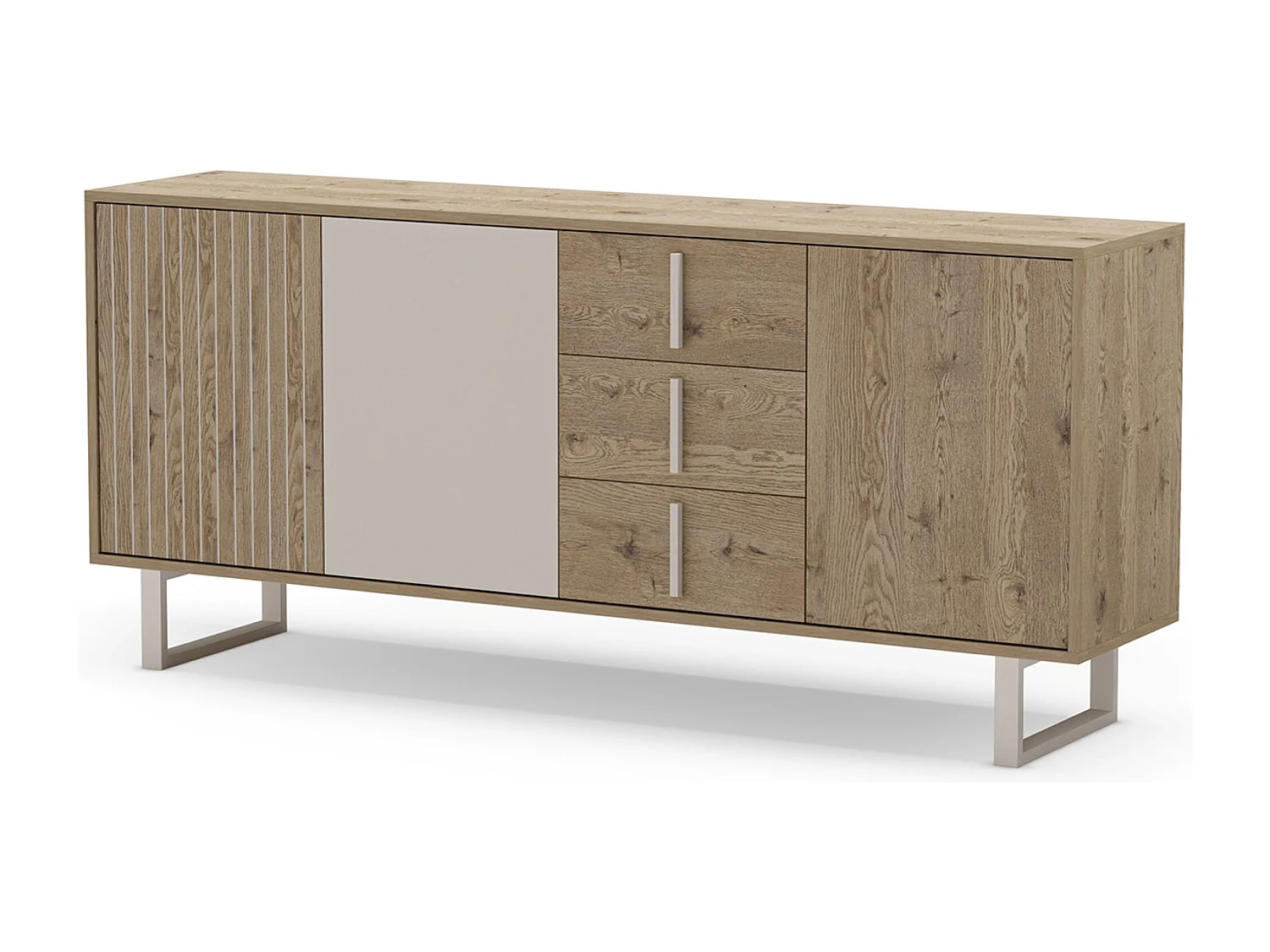 Buffet, meuble de rangement avec 3 portes et 3 tiroirs aspect bois coloris chêne et métal coloris gris - Longueur 180 x Profondeur 40 x Hauteur 80 cm