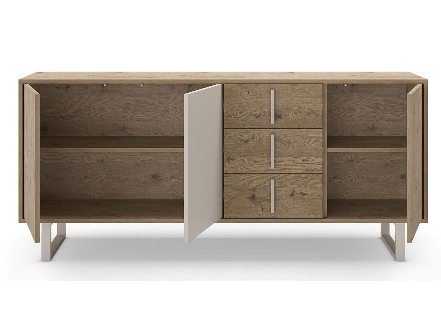 Buffet, meuble de rangement avec 3 portes et 3 tiroirs aspect bois coloris chêne et métal coloris gris - Longueur 180 x Profondeur 40 x Hauteur 80 cm