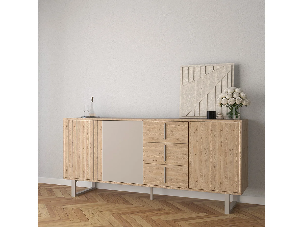 Buffet, meuble de rangement avec 3 portes et 3 tiroirs aspect bois coloris chêne et métal coloris gris - Longueur 180 x Profondeur 40 x Hauteur 80 cm