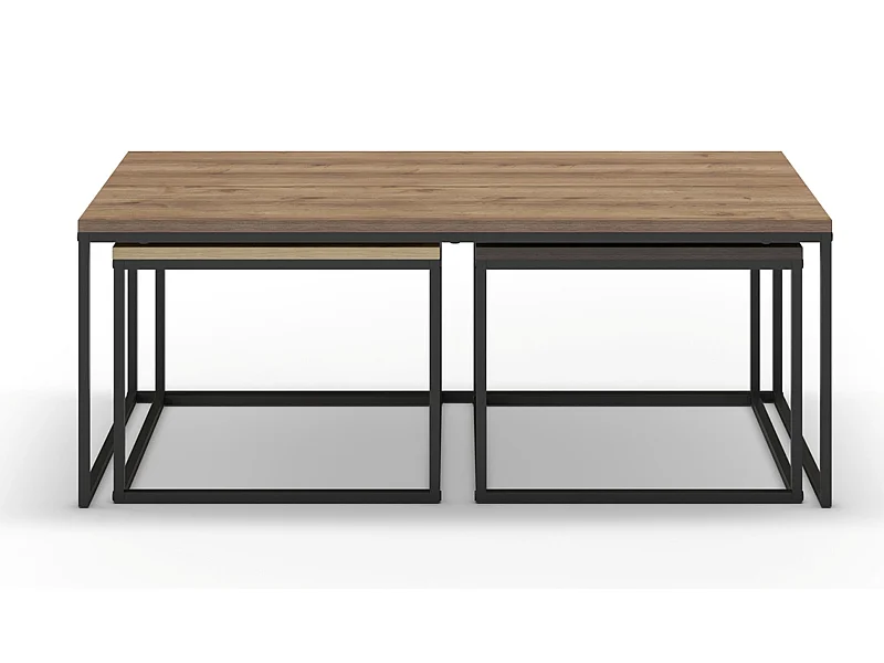 Set de 3 tables basses, tables de salon aspect bois coloris chêne, noyer et métal coloris noir